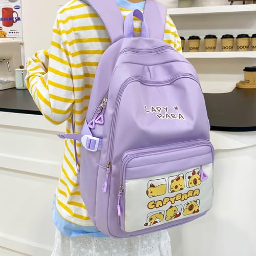 4 Pcs Kapybara Print Travel Backpack Set with File Folder Lunch Box & Pouch Oxford Bag for Trips 17 Inches Purple2