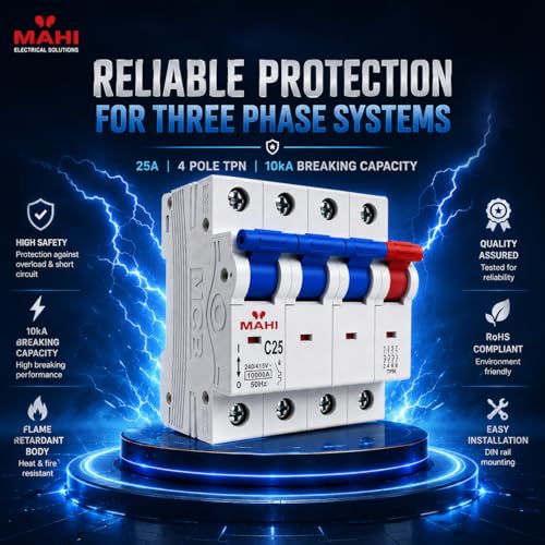 Image of MAHI 25A Four Pole MCB C Curve, Miniature Circuit Breaker with Overload & Short Circuit Protection, 25A Breaking Capacity, Durable Polycarbonate Body for Home & Industrial Use
