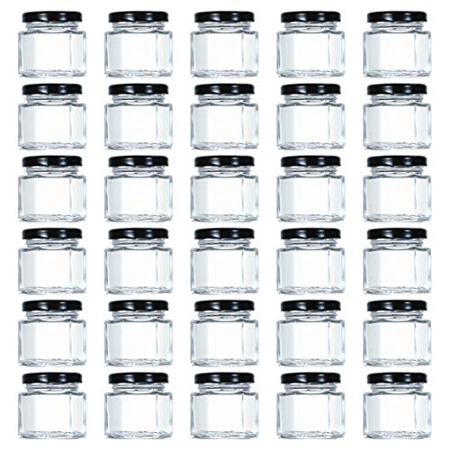 Tebery - Lot de 30 mini bocaux hexagonaux en verre avec couvercles et étiquettes revêtus de plastisol noir (44,3 ml)