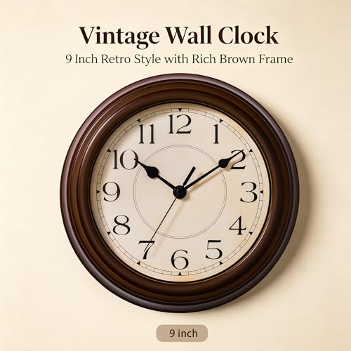Image of KECYET Wall Clock, 9 Inch Silent Battery Operated Non-Ticking Wall Clock Classic Decorative for Living Room, Kitchen,Office, Bedrooms(Brown)