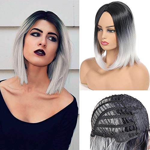 Feelgrace Short Bob Wig Middle Part Soft Synthetic Hair for White Black Women Straight Short Bob Wigs Two Tone Ombre Color 1B/White