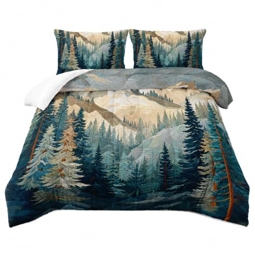 Image of AILONEN Queen Size Comforter Set,Mountains Forest Landscape Art Bedding Set for Room Decor,Lightweight Micorifber Duvet with 2 Pillowcases,3Pcs