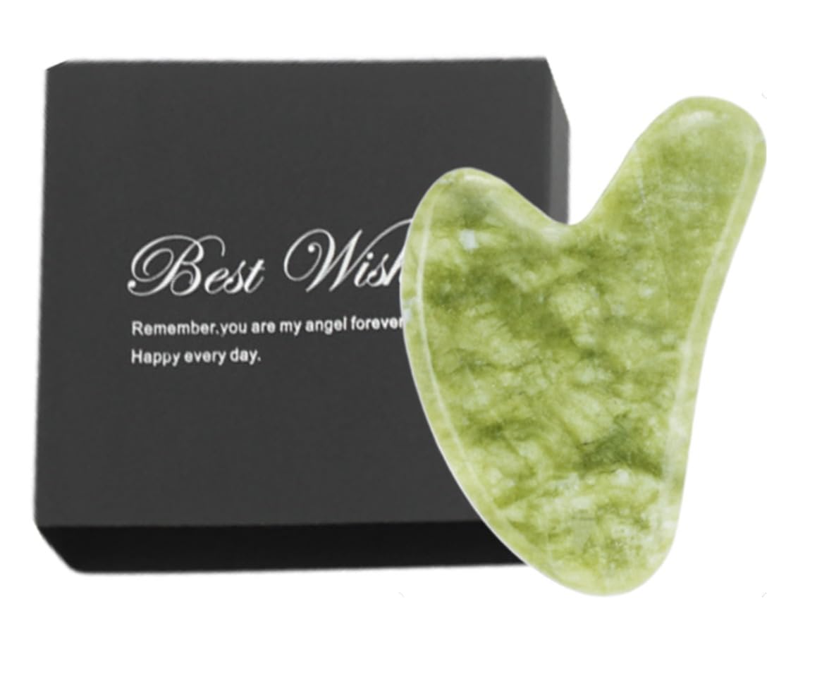 QZLSAYSLGua Sha，Massaggiatore Viso，Tavola Di Gua Sha In Pura Giada Naturale - Per La Mascella, Sollevatore Del Viso, Per La Disintossicazione Del Corpo, Degli Occhi, Del Collo (più verde)