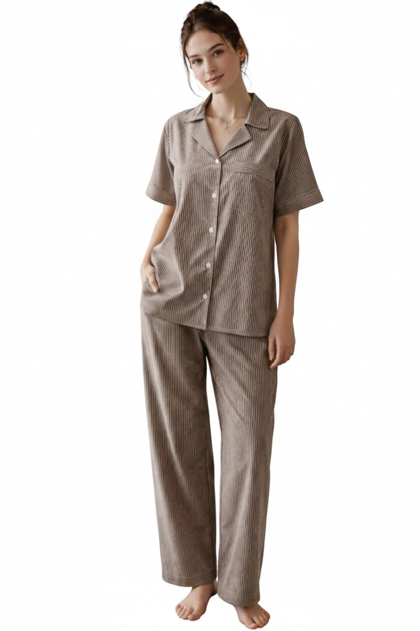 Women’s Blue Striped Pajama Set – Short Sleeve Button Down Sleepwear with Drawstring Pants, Soft Lightweight Loungewear-image-6