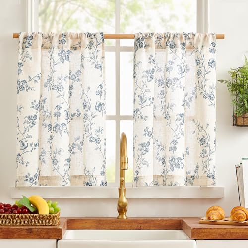 TOPICK Floral Linen Blend Kitchen Curtains 24 Inch Drop Short Cafe Curtains Light Filtering Small Window Curtain Tiers for Bathroom Living Room RV Rod Pocket 2 Panels Blue