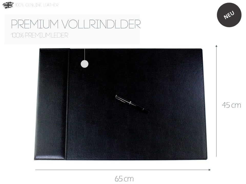 DELMON VARONE - Schreibtischunterlage mit Klappleiste inkl. Block & Kalender 2026/2027 Leder Schwarz - Rutschfeste Echtleder Schreibunterlage abwischbar - Design Schreibtisch Unterlage 65 x 45 cm
