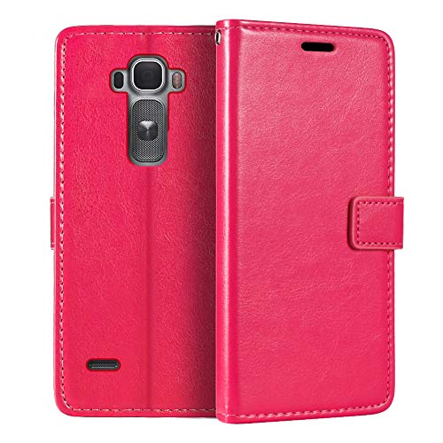 Shantime Leather Case Compatible with LG G Flex 2, Business Design Magnetic Flip Cover with 3 Card Slots, Photo Frame, and Hidden Wallet(Rose Red)