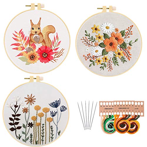 3 Pack Embroidery Kit for Beginners, Cross Stitch Starters Kits for Adults Kids with Pattern Needlepoint Embroidery Hoops Cloth Color Thread Floss Animal Flowers Plants Cactus