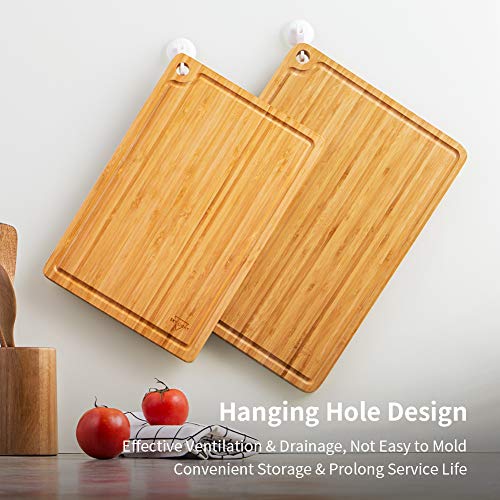 SKY LIGHT Cutting Board, Organic Pre-Oiled Bamboo Chopping Board with Juice Groove for Meat, Cheese, Fruit & Vegetables, Kitchen Butcher Block with Hanging Hole, 100% Natural BPA Free -Medium