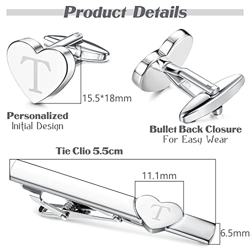 Sanfenly Cufflinks And Tie Clip For Men Set, Unique Heart Initial Cuff Links And Tie Bar Clip Personalized Alphabet Letter T Cuff Links/Tie Clip Set With Box thumb #5
