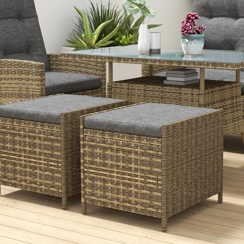 Outsunny 6 Seater Rattan Dining Set with 2 Reclining Chairs, Loveseat, 2 Stools, Rattan Garden Furniture Set with Cushions, Rectangular Glass Top Table, Aluminium Frame, Mixed Grey - Image 8