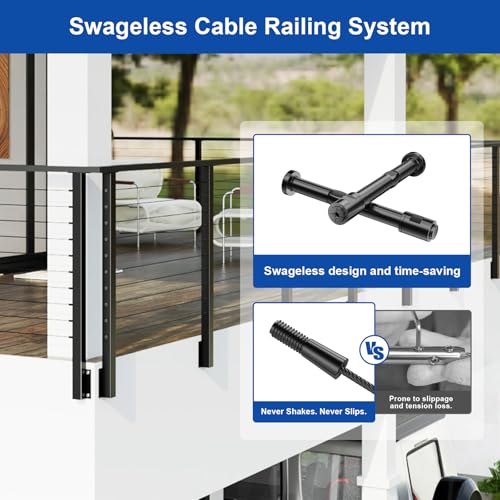Image of BLIKA 4FT-10FT Complete Set 36 inch Side Mount Cable Railing Post Kits, Fascia Mount Deck Posts, Black Swageless Cable Railing System Include 2 Level Posts, 150FT 1 /8 inch Stainless Cable(No Handrail)