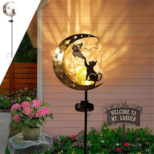 YeahBoom Mond Solarleuchten Garten Deko Garten mit Katze Mond Solarleuchten Garte im Freien Solarlampe Leuchten Balkon Wasserdichte Solarleuchte Freien Solarlampe für draußen Terrasse Hof Rasen