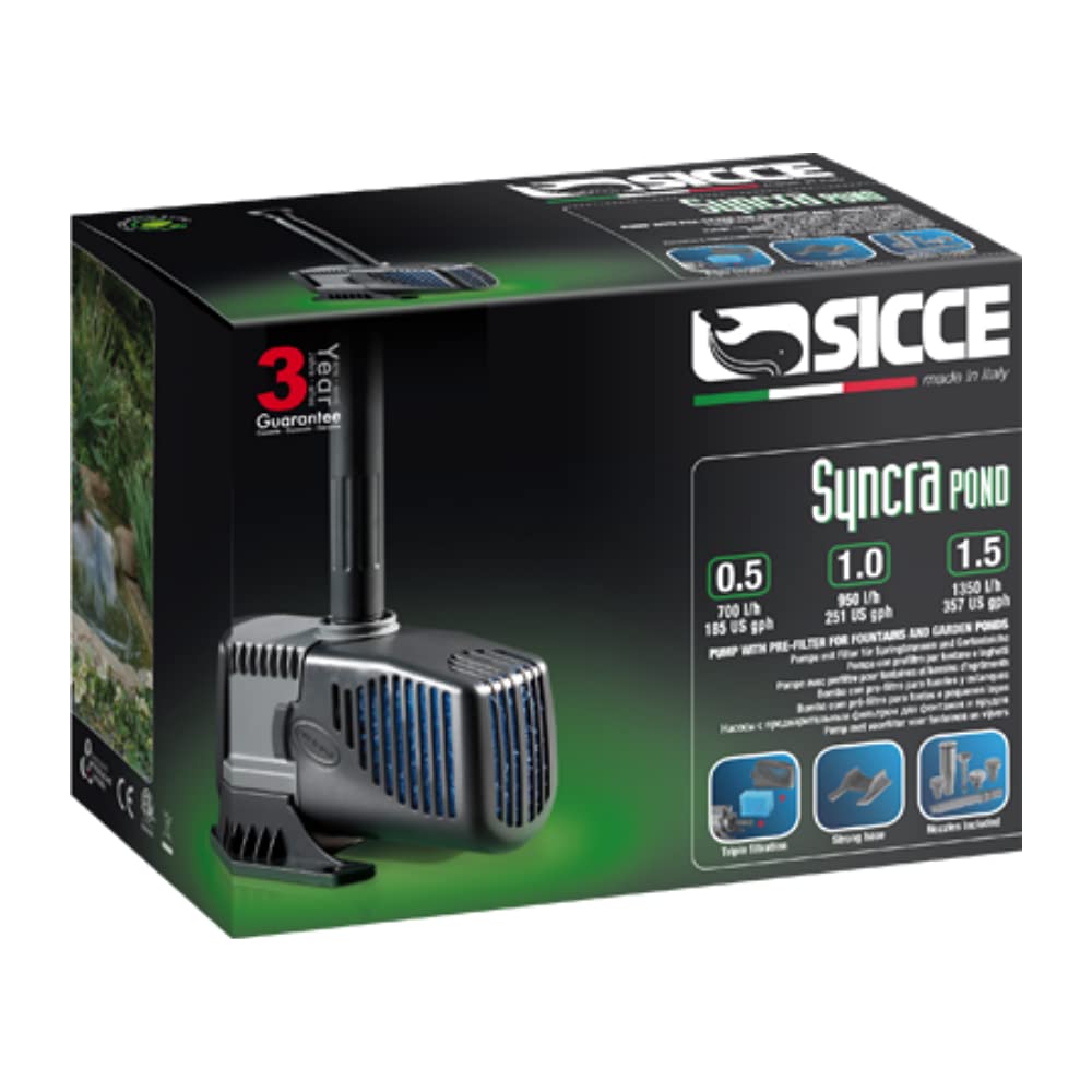 SICCE SyncraPond 0.5 – 185 GPH Pump – Koi Friendly, Self-Cleaning Impeller, Hose Fittings Included