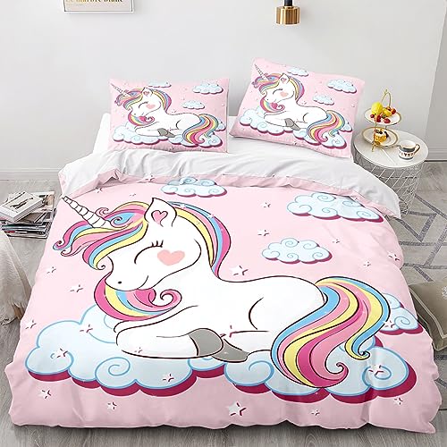 TSOPEFI Juego de ropa de cama de unicornio rosa para niña, diseño de unicornio de dibujos...