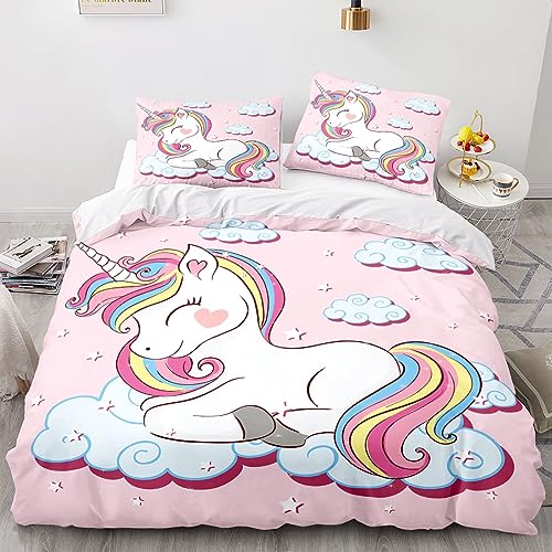 TSOPEFI Rosa Einhorn Mädchen Bettwäsche Set,Cartoon Einhorn Muster Kinder Bettbezug Set,Regenbogen Wolken und Pferde Einhorn Bettbezug (135x200cm, A)