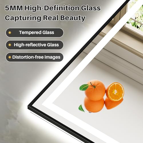 Image of 55x30 Inch LED Bathroom Mirror with Black Frame, Backlit & Front Lit, Anti-Fog Lighted Bathroom Vanity Mirror for Wall, Memory Function, Dimmable, HD Tempered Glass, Shatter-Proof