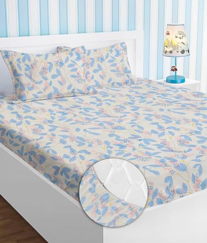 Image of HOMEKART Premium Cotton Elastic Fitted Bedsheets with 2 King Size Pillow Covers Double Bed with All Around Elastic Supersoft Size - 72 x 78 +10 inches Flower Print Off White and Blue 200 tc - 220 tc