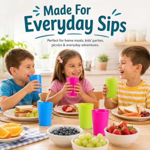 Image of 7 oz Reusable Plastic Drinking Tumblers, 6-Piece Kids Party Cup Set, Assorted Red Green Blue, Two of Each for Home Meals Picnics Outdoor Use