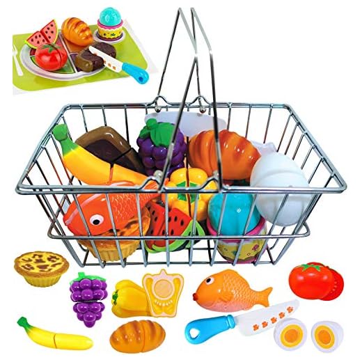 Stainless Steel Kids Toy Shopping Grocery Basket - with Pretend Play Food Groups - Cut-able Toy Kitchen Food - Toy Shopping Cart Set for Toddlers Kids Boys & Girls