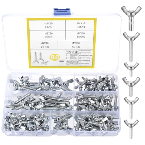 88 Pcs Vis Boulons à Papillon à Ailes, M4 M5 M6 M8 Boulons Vis à Oreilles, Vis à Ailes...