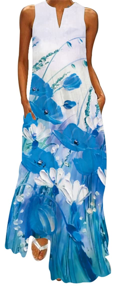 Ocean Plus Femmes Jupe Longue sans Manches Col V Robe Florale Imprimée Maxi Robe sans Manches avec Col en V (5XL, Blaue und weiße Ölmalerei Blumen)