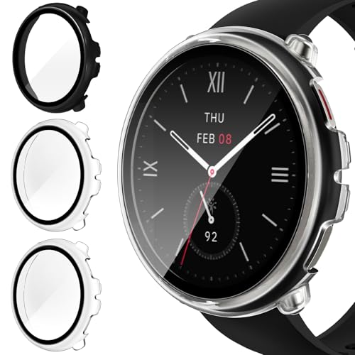ivoler 3 Piezas Funda para Amazfit Active 2 (Round Edition), Protección Completa Protector de Pantalla de Cristal Vidrio Templado Duro PC Anti-arañazos Carcasa, 2 Transparente + 1 Negro