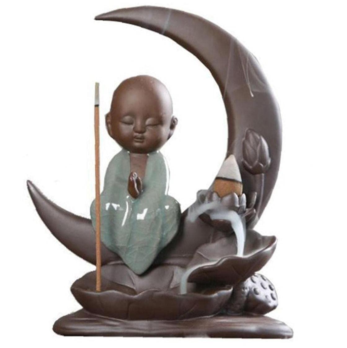 Brûleur encens backflow petit moine en porcelaine traditionnelle, objet déco zen et épuré