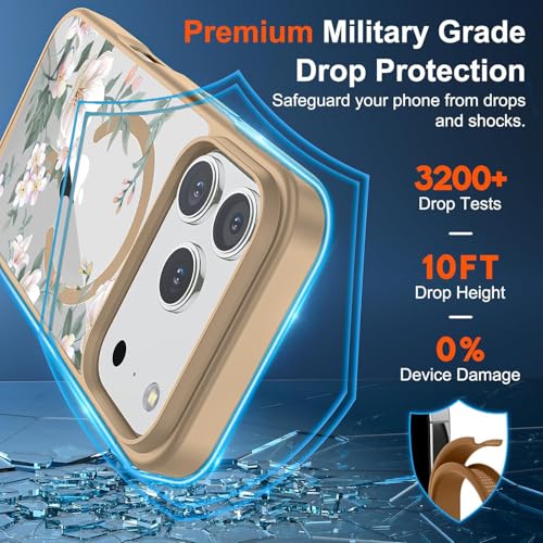 Image of VONZEE Retro Floral Clear Case for iPhone 17 Pro Max (6.9 inch) | Magnetic Wireless Charging Compatible | Luxury PC+TPU Shockproof Glossy Shiny Back Cover for Girls & Women (Desert)
