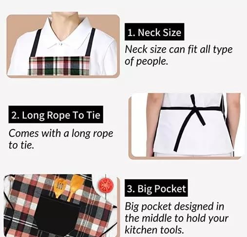 Image of REVEXO Unisex Kitchen Checkered Design Apron with 1 Front Centre Pocket With Adjustable Strap (Pack Of 1) REV-360