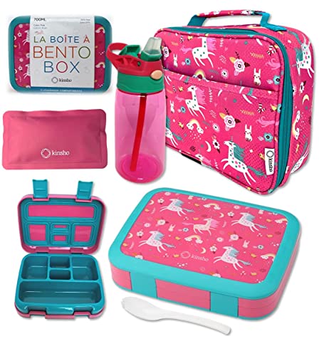 Image of Bento Lunch Box with Insulated Bag, Water Bottle Ice Pack Set for Kids Toddlers, 5 Portion Sections, BPA Free Removable Tray, Pre-School Kid Toddler Daycare Lunches, Snack Container, Pink Unicorn