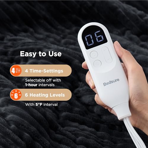 Image of Bedsure GentleSoft Heated Blanket Throw - Soft Ribbed Flannel Electric Blanket, Heating with 4 Time Settings, 6 Heat Settings, and 3 hrs Timer Auto Shut Off, Gifts for Grandma (50x60 inches, Black)