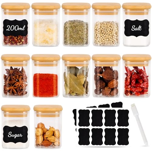 Solvant Lot de 12 Pot a Epices CarréS 200 ml HerméTiques avec Couvercle en Bois, pot Epices Verre, RéCipient à éPices, Ensemble de pots à éPices,...