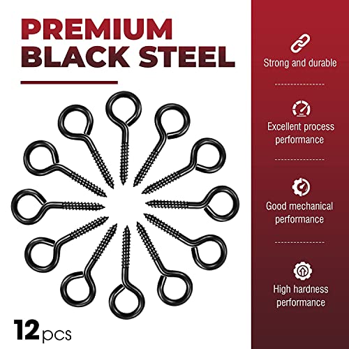 Pamazy EYEHOOK 12Pcs Screw Eyes, 2.56 Inch Black Eye Hooks Screw Self Tapping Eye, Heavy Duty Eye Bolt thumb #1