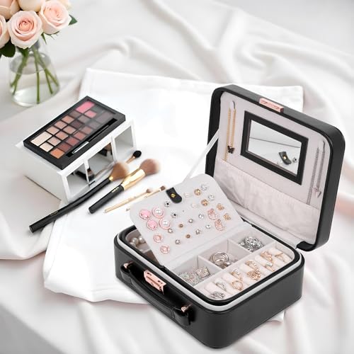 Image of BUCKETLIST PU Leather Jewellery Organizer Box with Mirror & Necklace Hooks | Large Multi-Compartment Jewelry Storage Case with Removable Tray & Mini Travel Box (Luxury Jewelry Box with Mirror (Black)