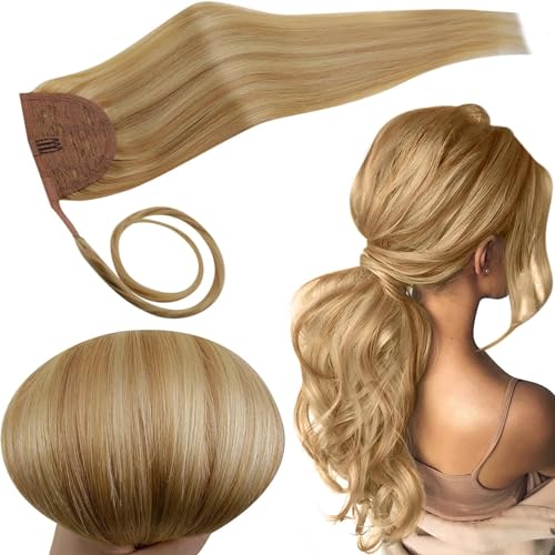 RUNATURE Pony tail Extension Human Hair 12 Inch Blonde Highlights Ponytail Extension Human Hair Straight Real Hair Ponytail Extension Short 70g #16P24