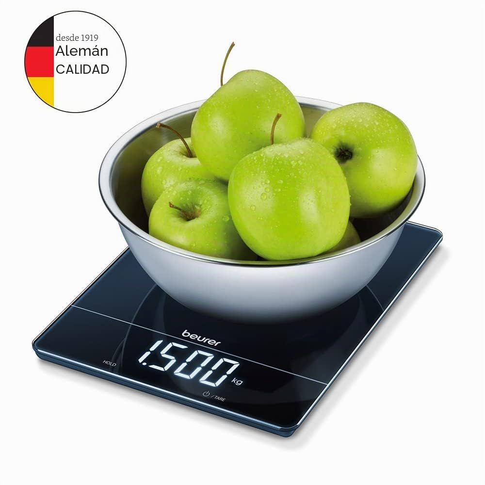 Beurer KS 34 Balanza de cocina, para pesar con precisión hasta 15 kg, con función de pesaje de tara y pantalla LED Magic, negra