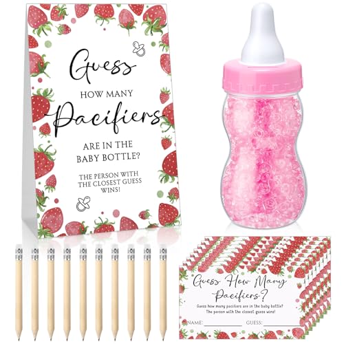 Image of Roowest 512 Pcs Baby Shower Games Guess How Many Pacifiers Sign 100 Small Guessing Games 10 HB Pencils 750ml Milk Bottle 400 Acrylic Pacifiers Decoration for Guest Gender Reveal (Pink,Strawberry)