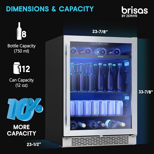 zephyr brisas 24 inch wine fridge single zone under counter - beverage and wine cooler drink refrigerator for home with glass door 8 bottles 112 cans