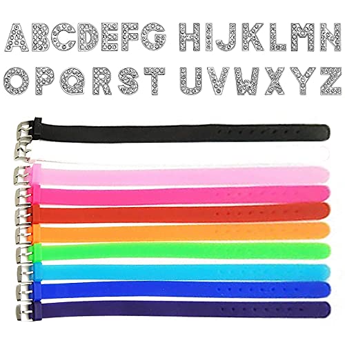 RJWKAZ 8mm 26 Pcs A-Z Rhinestone Charms Letters and 10 Pcs Adjustable Silicone Bracelet Strap