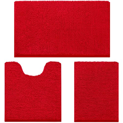 HOMEIDEAS 3 Pieces Bathroom Rugs, Ultra Soft Non Slip Absorbent Chenille Toilet Bath Mat Set (Red)