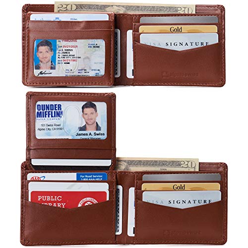 Image of Alpine Swiss Connor Executive Bifold Wallet | Business Passcase for Men | Premium Leather | Dual ID Windows | RFID Blocking | Gift Box Included Smooth Finish Tan