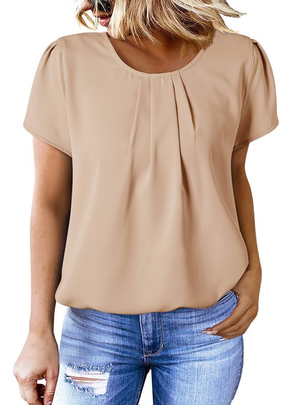 Dokotoo Women's Casual Round Neck Basic Pleated Tops Short Sleeve Loose Fit Curved Keyhole Back Chiffon Blouses Tshirts