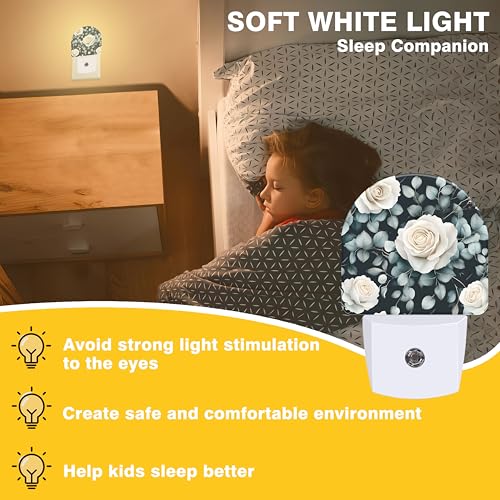 Image of Night Light, Vintage White Rose Flower Night Lights Plug into Wall Dusk to Dawn Sensor Round Nightlight for Women Men Energy Efficient Led Lamp 0.5W for Stairway Hallway Bedroom