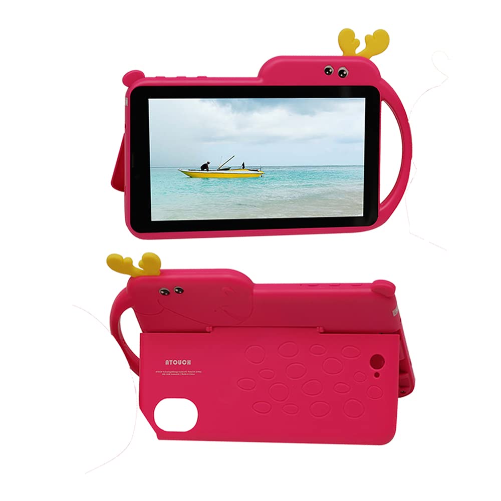 A Touch Atouch Early Education Kids Android Tablet,7-Inch Face Recognition Tablet with 16GB/2GB RAM,Bluetooth,Quad Core CPU,Wi-Fi,Kids Dual-Sim 5G Tablet Pc With Built-in Stand Silicone Case (Pink)