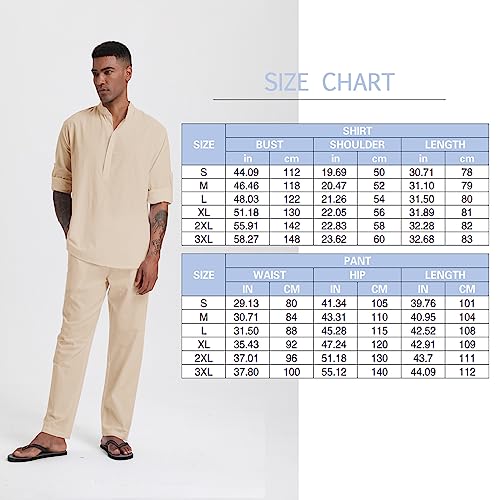 SIENDIU Herren-Leinensets, Henley-Shirts, 2-teilig, Urlaubs-Outfits, Strandkleidung, Freizeitanzug, Langarm-Shirt, Yogahose, Sommer, khaki, L