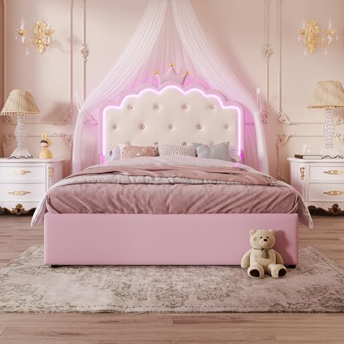 MSMOK Cama tapizada, con somier (sin colchón), luz ambiental con mando a distancia, forma de princesa heredera, material PU, rosa (140 x 200 cm+con somier)