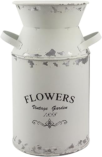 Lata de leche blanca galvanizada, jarrón retro antiguo, maceta de metal, rústico, vintage, primitivo, soporte para flores, planta de campo para