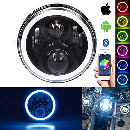 MOSTOP 7" RGB Harley Davidson Motorcycle Headlight LED Daymaker RGB Halo Angle Eye Vehicle Light H4 Plug App Bluetooth Multicolor Control, Fit Road King, Street Glide, Fatboy, Soft Tail