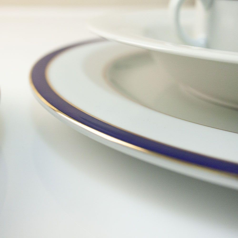 FranquiHOgar Platos de presentación (12 platos) Grandes 30 cm, Bajoplatos de Porcelana para Servir Clásicos | Juego de Platos Duisburg Blancos Decorados con Oro y un Toque de Azul Cobalto